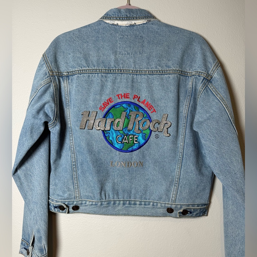 Vintage Hard Rock Cafe London Blue Denim Jacket with Colorful Embroidery